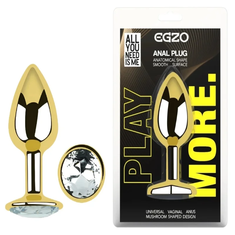 Анальная пробка EGZO Gold S с прозрачным кристаллом из медицинской стали для длительного ношения