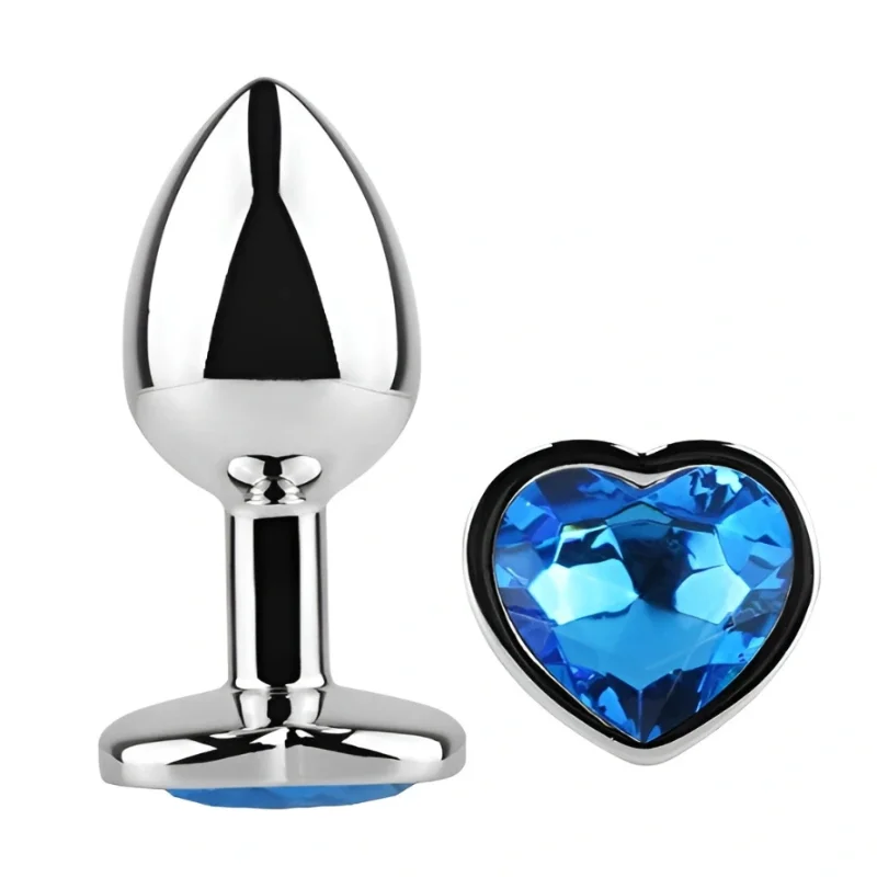 Анальная пробка EGZO Silver Heart Plug Blue S из медицинской стали с синим кристаллом-сердцем