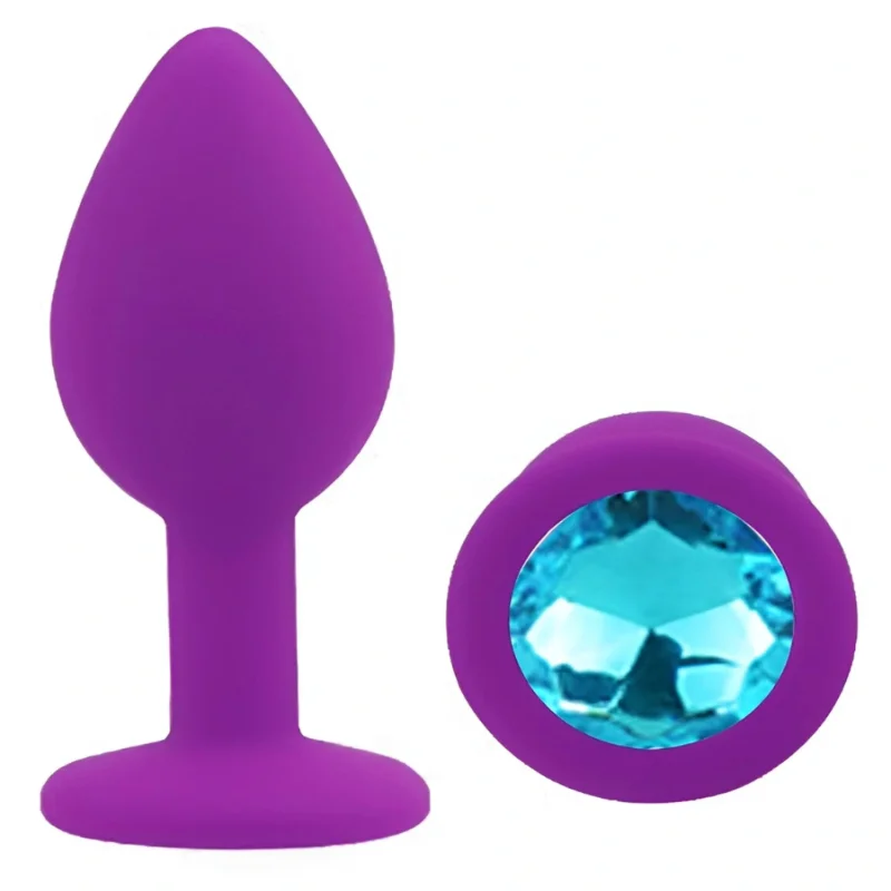 Анальная пробка EGZO Silicone Purple Aqua SFR-13S с голубым кристаллом, фиолетовая