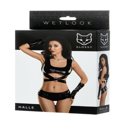 Комплект Glossy Halle з матеріалу Wetlook (топ, міні-шорти та рукавички), чорний
