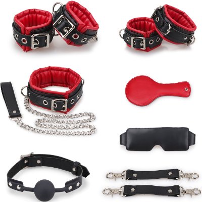 БДСМ-набор из натуральной кожи Obedient Girl черно-красный