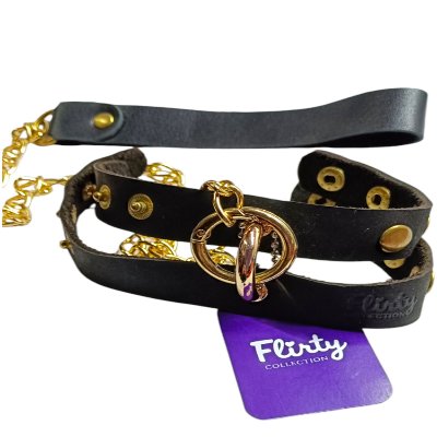 Кожаный поводок с металлическими заклепками для пениса цвет черный