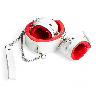 Комплект белые наручники + ошейник с поводком с красным мехом с ЭКО лака Flirty