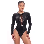 Вінілове боді з рукавами Art of Sex - Jessica, з ефектом мокрого оксамиту, розмір XL - мініатюра 1