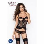 Корсет з пажами Passion JOLENE CORSET L/XL, black, трусики, напіввідчинені груди, напівпрозорий - мініатюра 3