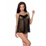 Сорочка прозора бебі-дол Passion MELANIA CHEMISE L/XL, black, трусики, на тонких бретелях - мініатюра 1