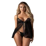 Сорочка бебі-дол Obsessive Blomentis babydoll & thong, XS/S, мереживний ліф, стрінги в комплекті - мініатюра 1