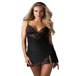 Пеньюар Obsessive Lobellis chemise & thong, M/L, чорний, мереживне оздоблення, стрінги в комплекті - мініатюра 1