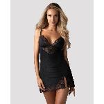 Пеньюар Obsessive Lobellis chemise & thong, XS/S, чорний, мереживне оздоблення, стрінги в комплекті - мініатюра 3