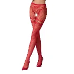 Сітчасті колготки з відкритим доступом Passion S015 One Size, Red, імітація панчіх і трусиків - мініатюра 1