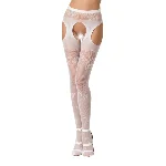 Сексуальні колготки-бодістокінги Passion S022 One Size, White, імітація панчіх і пояса з гартерами - мініатюра 1