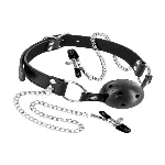 Повітропроникний кляп із затискачами для сосків Fetish Tentation Rigid Gag Ball with Nipple Clamps - мініатюра 1
