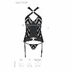 Сітчастий комплект з візерунком Passion HIMA CORSET L/XL black корсет з халтером, підв'язки, трусики - мініатюра 2