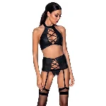 Комплект з еко-шкіри з імітацією шнурівки Passion NANCY SET S/M black топ, трусики, пояс для панчіх - мініатюра 1