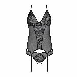 Корсет із пажами, трусики з ажурним декором та відкритим кроком Passion URSULA CORSET S/M, black - мініатюра 4