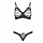 Комплект з екошкіри Passion CELINE BIKINI S/M black відкритий бра зі стрічками, стрінги зі шнурівкою - мініатюра 3