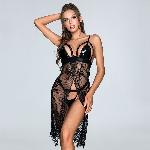 Ажурний пеньюар на запах JSY "Кармен" One Size Black, лакований ліф, трусики-стрінги - мініатюра 1