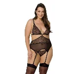Корсет із пажами Passion AMBERLY CORSET 4XL/5XL, black, асиметричний крій, мережива, стрінги - мініатюра 1