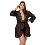 Пеньюар Passion AMBERLY PEIGNOIR 4XL/5XL, black, ажурні декольте та манжети, широкі рукави - мініатюра 1