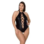 Боді з екошкіри Passion NANCY BODY 6XL/7XL black, з імітацією шнурівки та відкритим доступом - мініатюра 1