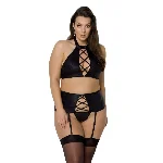 Комплект із екошкіри Passion NANCY SET 6XL/7XL black, імітація шнурівки, топ, пояс для панчіх - мініатюра 1