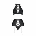 Комплект із екошкіри Passion NANCY SET 6XL/7XL black, імітація шнурівки, топ, пояс для панчіх - мініатюра 3