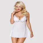 Сатиновий пеньюар з мереживом Obsessive 810-BAB-2 babydoll & thong L/XL, білий, пеньюар, танга - мініатюра 1