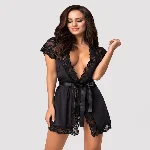 Сатиновий відкритий пеньюар на поясі Obsessive 810-PEI–1 peignoir black L/XL, чорний - мініатюра 1