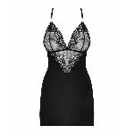 Сатиновий комплект для сну з мереживом Obsessive 828-CHE-1 chemise & thong L/XL, чорний, сорочка - мініатюра 5
