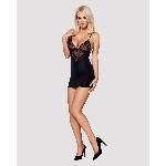 Сатиновий комплект для сну з мереживом Obsessive 828-CHE-1 chemise & thong L/XL, чорний, сорочка - мініатюра 3