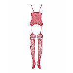Бодістокінг Obsessive Bodystocking F214 red S/M/L, імітація корсета та панчіх на підв’язках - мініатюра 6