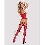 Бодістокінг Obsessive Bodystocking F214 red S/M/L, імітація корсета та панчіх на підв’язках - мініатюра 4