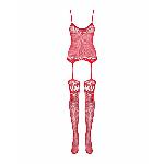 Бодістокінг Obsessive Bodystocking F214 red S/M/L, імітація корсета та панчіх на підв’язках - мініатюра 5