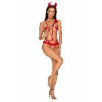 Еротичний костюм чортика зі стреп Obsessive Evilia teddy red S/M, боді, чокер, накладки на соски, обруч з ріжками - мініатюра 3