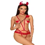 Еротичний костюм чортика зі стреп Obsessive Evilia teddy red S/M, боді, чокер, накладки на соски, обруч з ріжками - мініатюра 1
