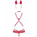 Еротичний костюм чортика зі стреп Obsessive Evilia teddy red S/M, боді, чокер, накладки на соски, обруч з ріжками - мініатюра 6
