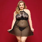 Сорочка бебі-дол JSY «Пристрасна Ліліт» Plus Size, Black, халтер, дрібна сітка, мереживо, стрінги - мініатюра 1