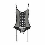 Корсет зі шнурівкою Passion NESSY CORSET XXL/XXXL black, стрінги з відкритим доступом, пажі для панч - мініатюра 3
