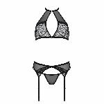 Комплект білизни Passion SATARA SET L/XL black, топ, пояс для панчіх, стрінги - мініатюра 3