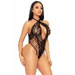 Мереживне тедді Leg Avenue Lace and net halter teddy One size Black, глибокий виріз, халтер - мініатюра 4