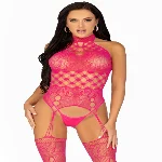 Мереживний бодістокінг з відкритим доступом Leg Avenue High neck lace bodystocking One size Raspberr - мініатюра 1