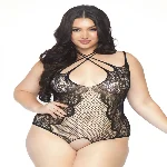 Тедді з відкритим доступом Leg Avenue Net lace crotchless teddy 1X–2X Black, шнурівка на спині - мініатюра 1
