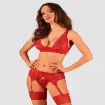Комплект білизни Obsessive Lacelove cupless 3pcs set XS/S Red, бюстгальтер, стрінги, пояс для панчіх - мініатюра 1