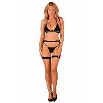 Комплект білизни Obsessive Selinne 3-pcs set XL/2XL Black, бюстгальтер, стрінги пояс для панчіх - мініатюра 6