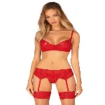 Комплект Obsessive Ingridia 3-pcs set XS/S, червоний, бюстгальтер, стрінги, пояс - мініатюра 1
