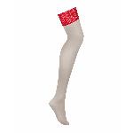Панчохи Obsessive Ingridia stockings XS/S, бежеві з червоною резинкою - мініатюра 3