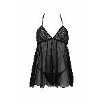 Пеньюар Passion KERRIA CHEMISE black, XXL/XXXL, мереживний верх, трусики в комплекті - мініатюра 3