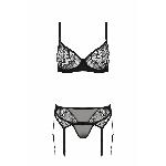 Комплект Passion LEAFA SET black S/M, мереживо+сітка, бюстгальтер на кісточках, стрінги, пояс для панчіх - мініатюра 3