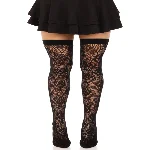 Панчохи Leg Avenue Wild rose net thigh highs, One Size, чорні, широка резинка, малюнок-троянди - мініатюра 1