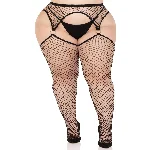 Панчохи Leg Avenue Stokings with O-ring Attached Garter Belt, 1X/2X, чорні, у сітку, імітація пояса - мініатюра 1